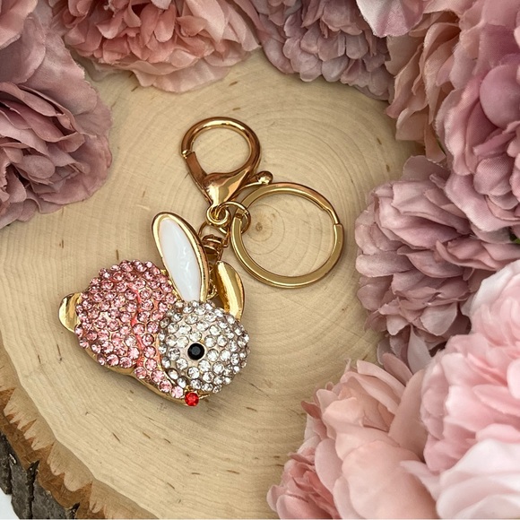 Pale Pink and Silver Crystal Bunny Rabbit Keychain Charm - Picture 6 of 12